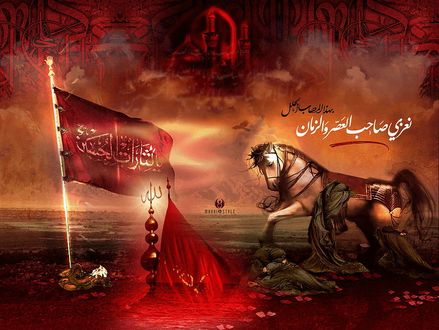 White horse kneeling beside red flag with Arabic calligraphy in dramatic desert landscape HD wallpaper
