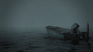 Abandoned Motorboat Drifting in Thick Fog on Dark Water HD wallpaper