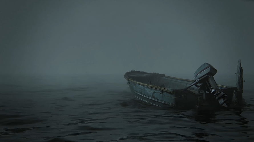 Abandoned Motorboat Drifting in Thick Fog on Dark Water HD wallpaper