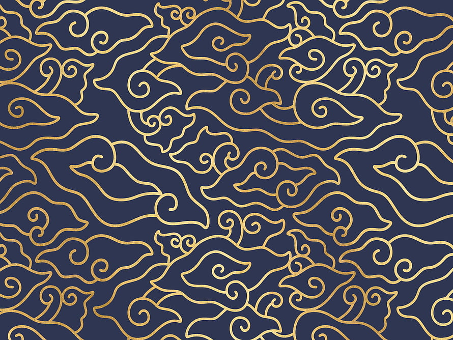 Mega Mendung Batik Pattern with Gold Cloud Motifs on Navy Background HD wallpaper