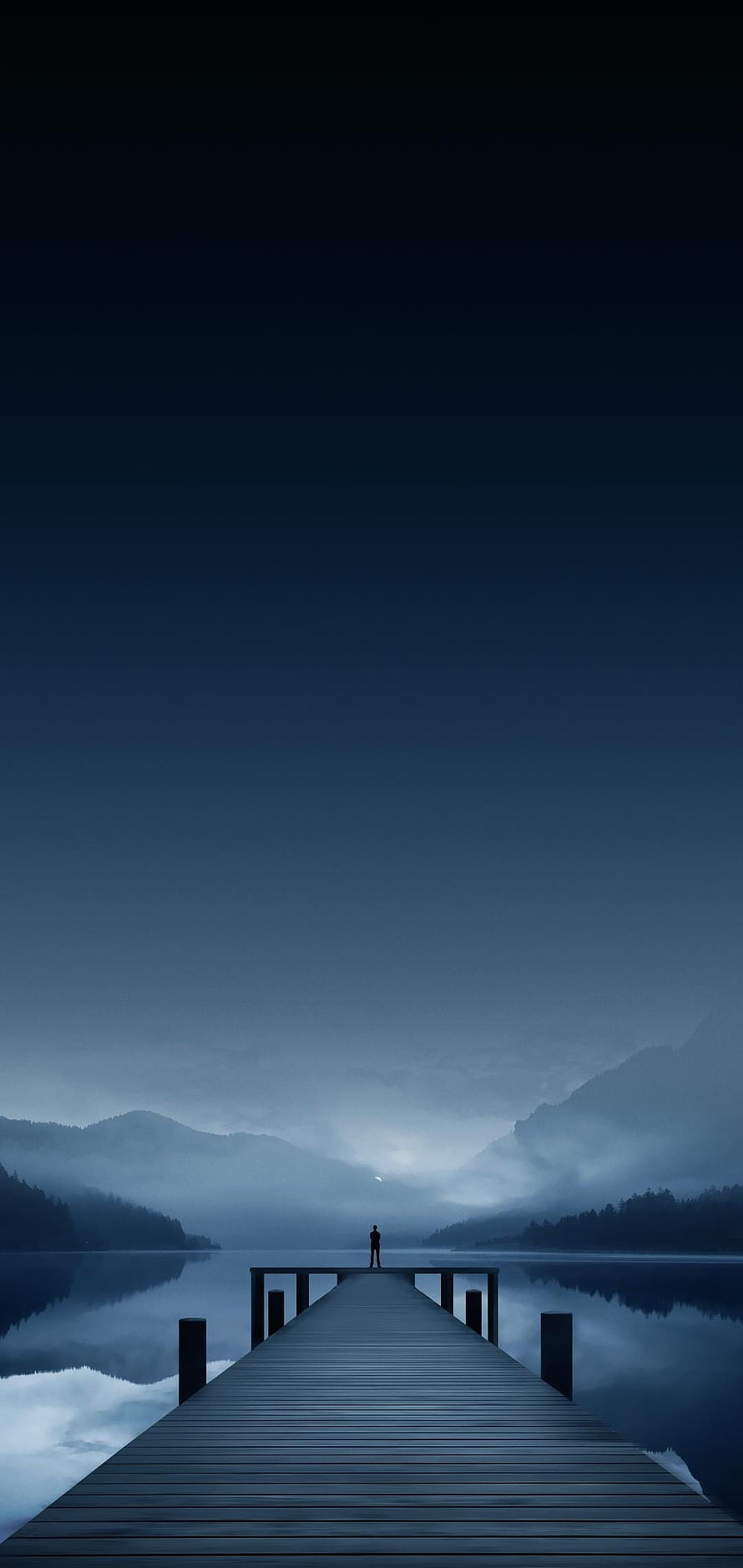 Lone Figure Standing on Wooden Dock Over Misty Lake at Dusk HD phone wallpaper
