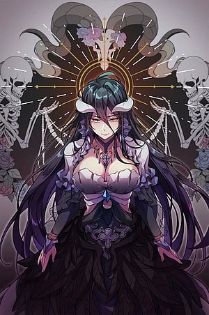 Albedo from Overlord in a dark gothic dress with skeletal figures and a radiant halo behind her HD phone wallpaper