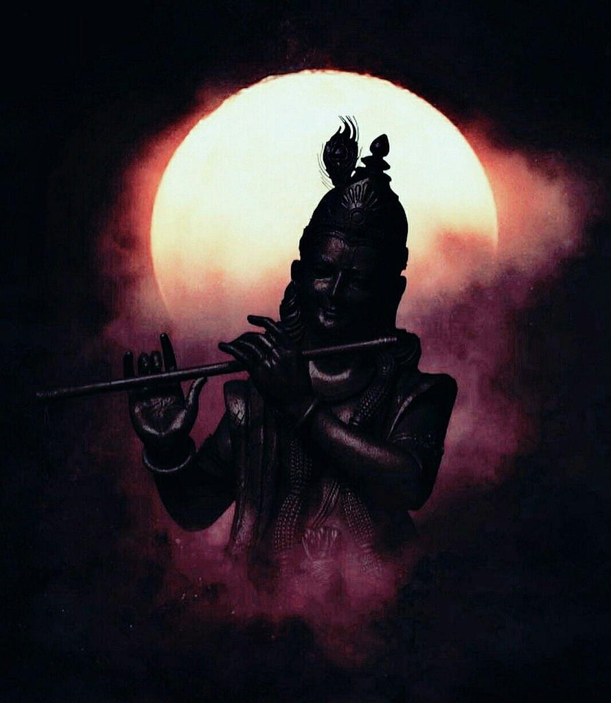 Dark silhouette of Lord Krishna playing flute against a glowing red moon and purple smoke HD phone wallpaper