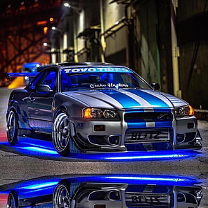 Nissan Skyline R34 GT-R Blitz Osaka Husters Blue Underglow Night Wallpaper HD phone wallpaper