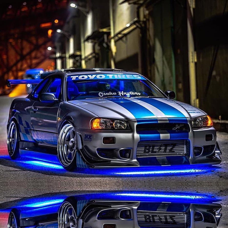 Nissan Skyline R34 GT-R Blitz Osaka Husters Blue Underglow Night Wallpaper HD phone wallpaper