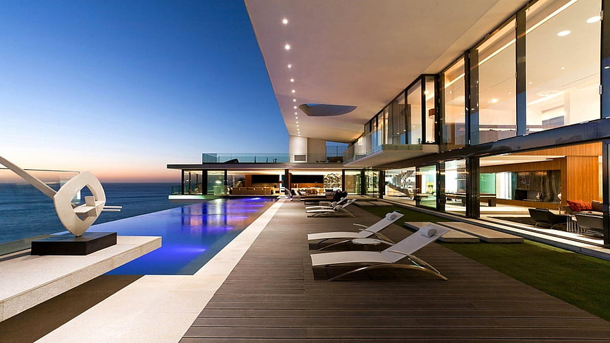Modern Luxury Villa With Infinity Pool And Ocean View At Dusk HD wallpaper