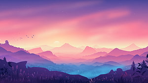 Dreamy Purple Mountain Valley at Sunset with Gradient Sky and Silhouetted Forest HD wallpaper