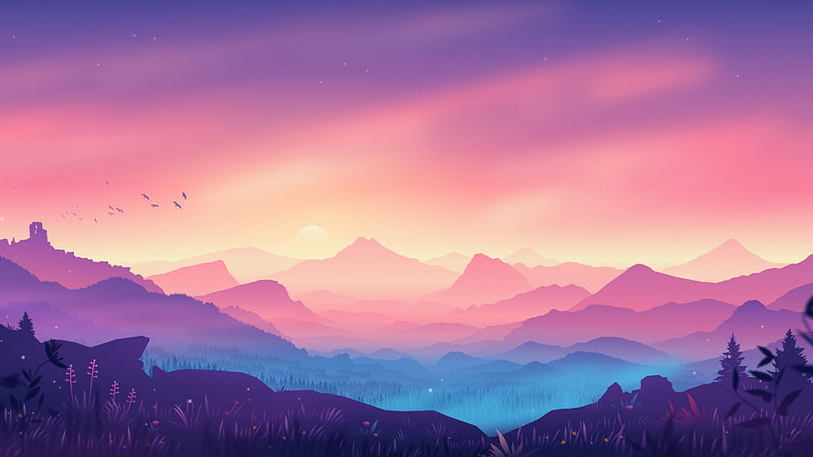 Dreamy Purple Mountain Valley at Sunset with Gradient Sky and Silhouetted Forest HD wallpaper