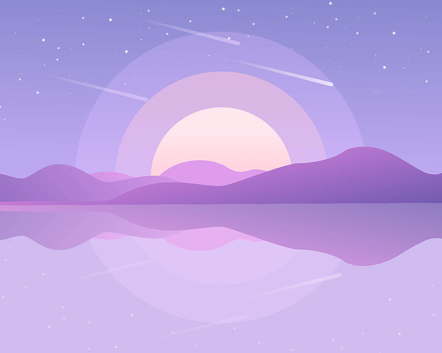 Dreamy Purple Sunset Over Calm Water with Shooting Stars and Soft Hills HD wallpaper