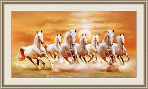Seven White Horses Galloping in a Golden Sunset Landscape HD wallpaper