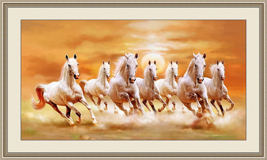 Seven White Horses Galloping in a Golden Sunset Landscape HD wallpaper