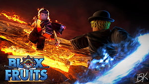 Blox Fruits Anime Style Battle Scene with Fire and Ice Effects HD wallpaper