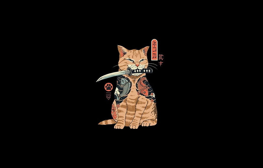 Tattooed Samurai Cat Holding Katana Sword Japanese Style Illustration HD wallpaper
