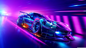 Futuristic Neon Sports Car Racing at Night with Cyberpunk Aesthetics HD wallpaper