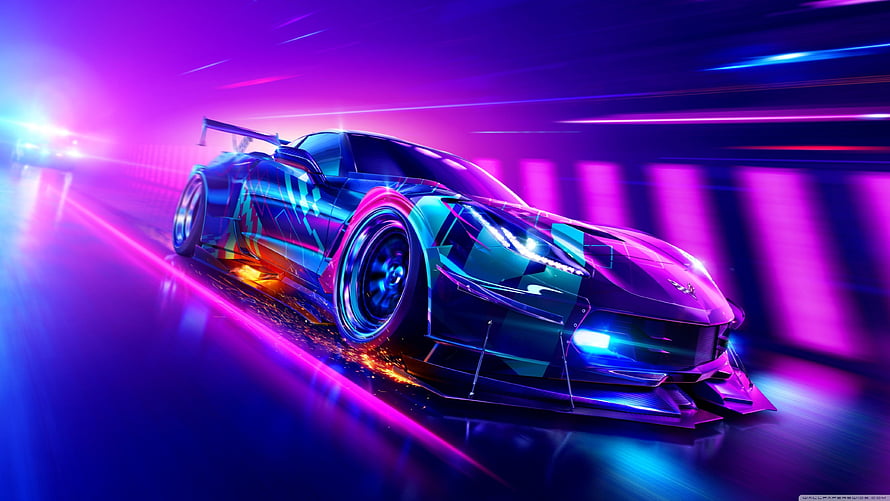 Futuristic Neon Sports Car Racing at Night with Cyberpunk Aesthetics HD wallpaper