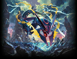 Shiny Mega Rayquaza unleashing electric energy in a stormy rocky landscape HD wallpaper