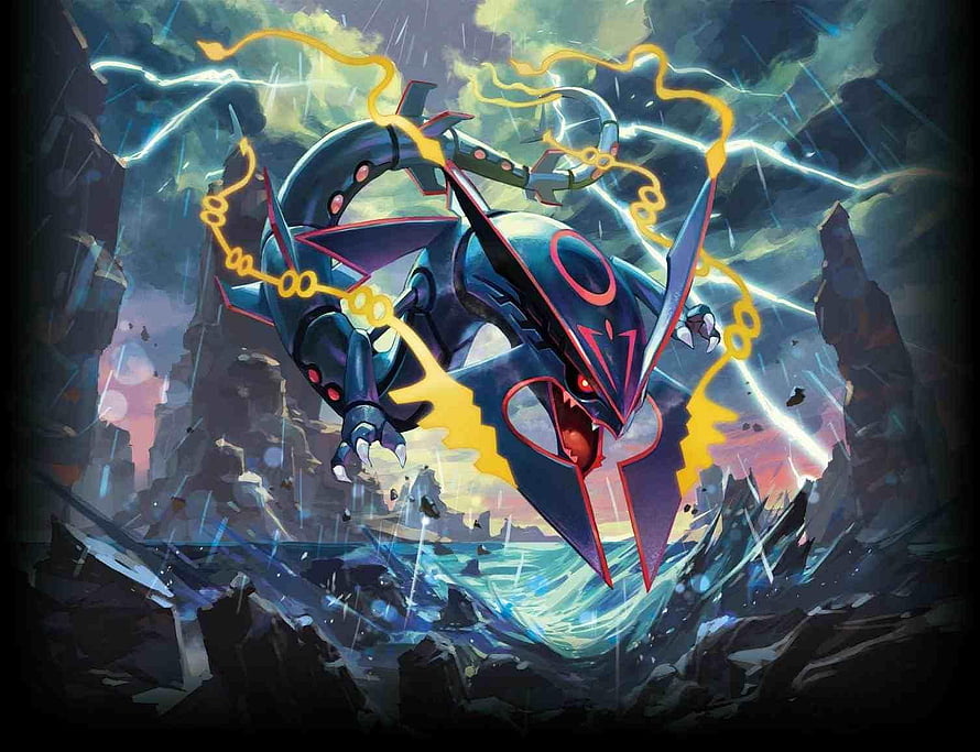 Shiny Mega Rayquaza unleashing electric energy in a stormy rocky landscape HD wallpaper