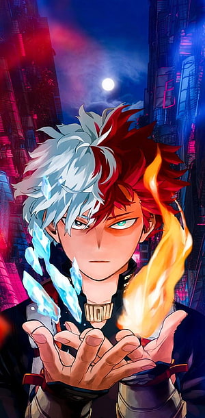 Shoto Todoroki from My Hero Academia wielding ice and fire in a neon cityscape HD phone wallpaper