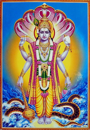 Lord Vishnu Standing on the Cosmic Ocean with Serpents and Divine Halo HD phone wallpaper