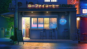 LoFi Anime Nighttime Coffee Shop with Neon Sign and Rainy Street HD wallpaper