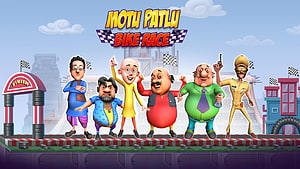 Motu Patlu Bike Race Cartoon Characters on Checkered Finish Line HD wallpaper