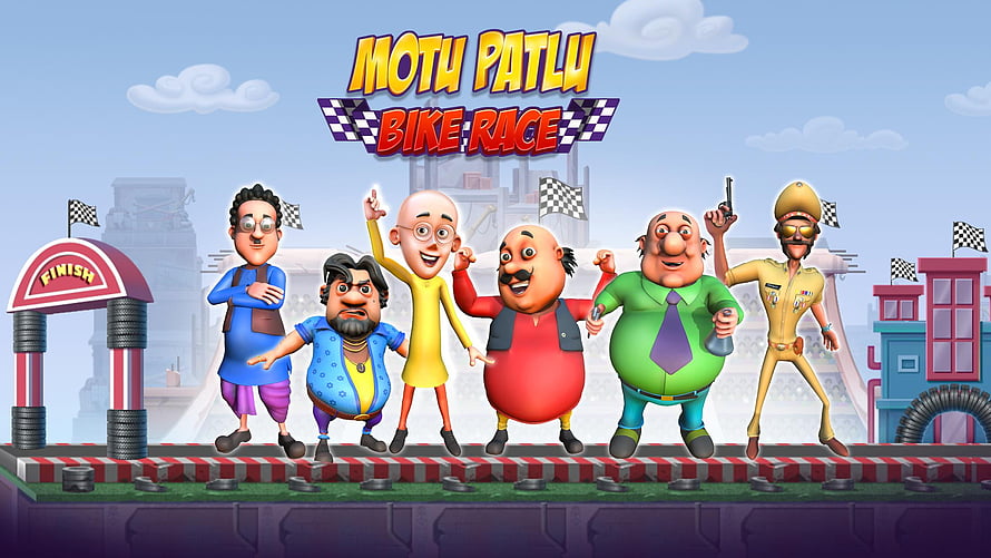Motu Patlu Bike Race Cartoon Characters on Checkered Finish Line HD wallpaper