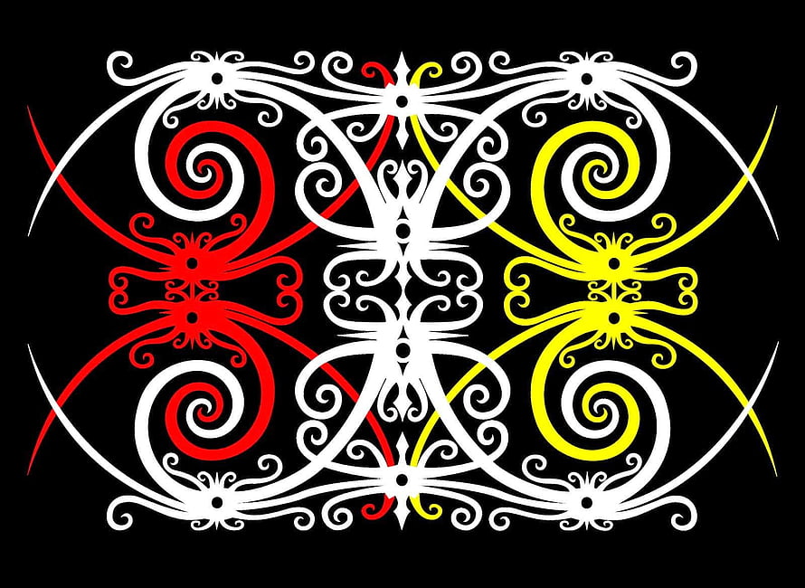 Symmetrical Dayak Tribal Ornament with Red and Yellow Spirals on Black Background HD wallpaper