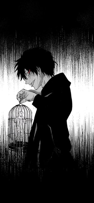 Dark anime character holding a birdcage with a tiny person inside in the rain HD phone wallpaper