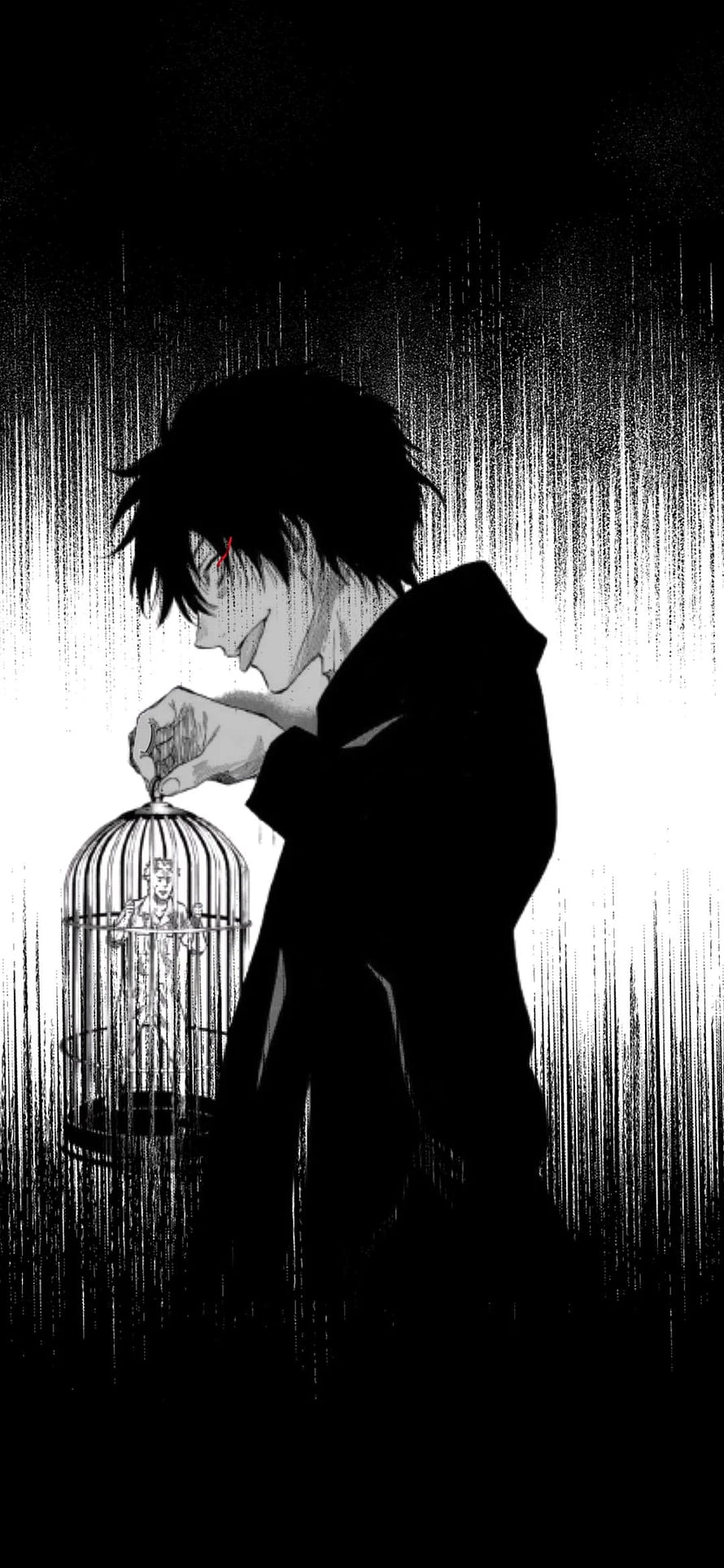 Dark anime character holding a birdcage with a tiny person inside in the rain HD phone wallpaper