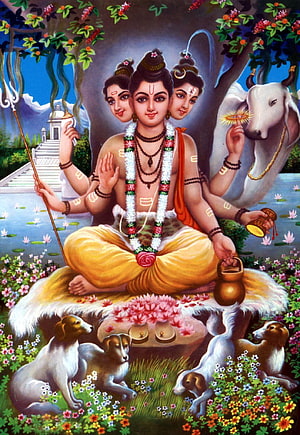 Lord Shiva Sitting with Nandi Bull and Dogs in a Lush Garden HD phone wallpaper