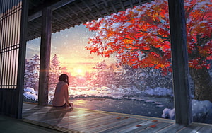 Anime Girl Sitting on Wooden Veranda Watching Sunset Over Snowy Landscape HD wallpaper