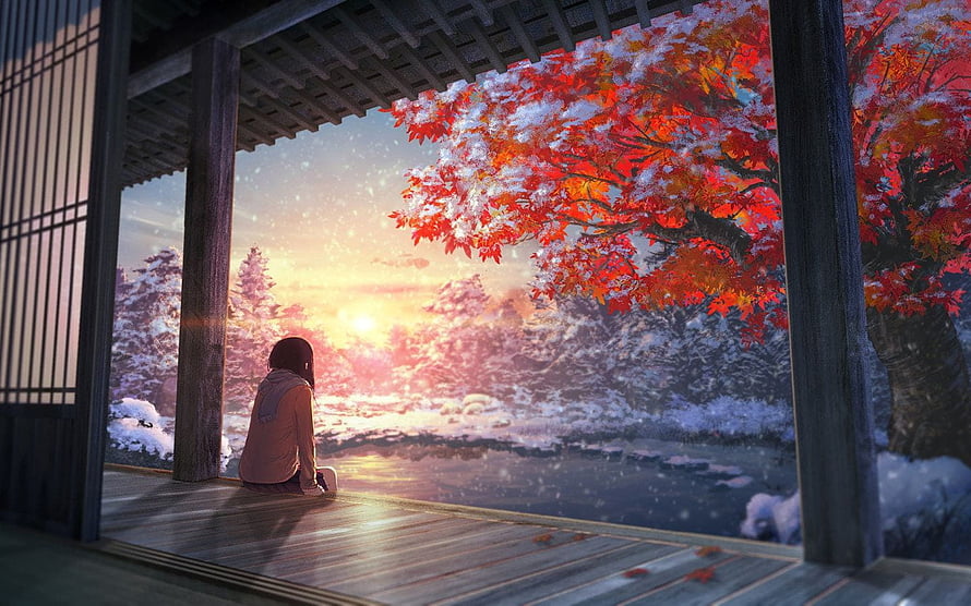 Anime Girl Sitting on Wooden Veranda Watching Sunset Over Snowy Landscape HD wallpaper