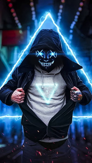 Mysterious hooded figure with glowing neon mask and electric blue lightning triangle background HD phone wallpaper
