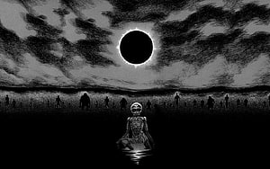 Berserk Manga Artwork: Seated Figure Under Total Solar Eclipse in Dark Field HD wallpaper
