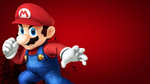 Mario in Classic Red Cap and Blue Overalls Leaping Against a Vibrant Red Background HD wallpaper