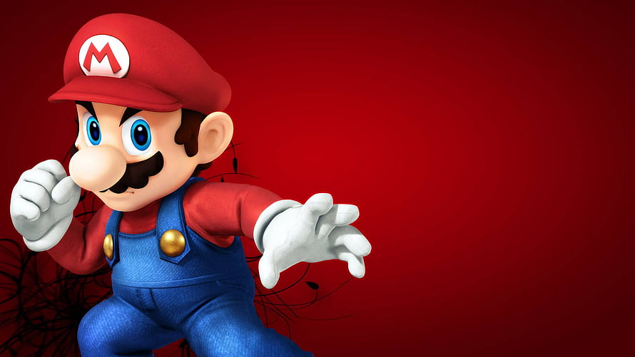 Mario in Classic Red Cap and Blue Overalls Leaping Against a Vibrant Red Background HD wallpaper