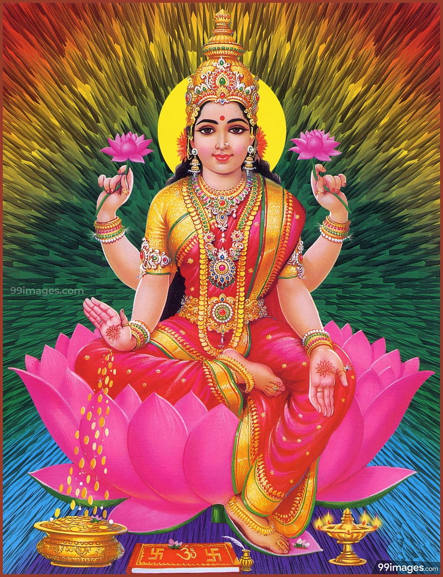 Goddess Lakshmi Sitting on Lotus with Gold Jewelry and Diyas HD phone wallpaper