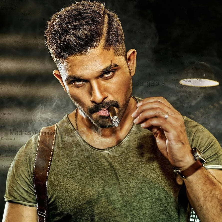 Allu Arjun intense portrait smoking cigar in green t-shirt with map background HD phone wallpaper