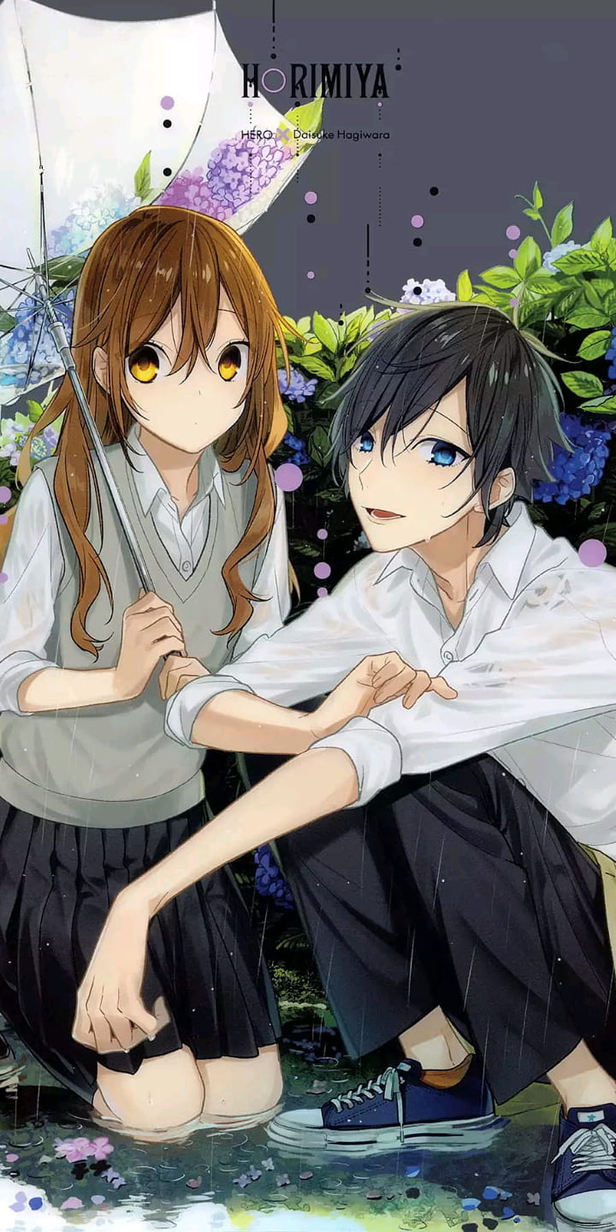Horimiya anime couple sharing an umbrella in the rain with hydrangea flowers HD phone wallpaper
