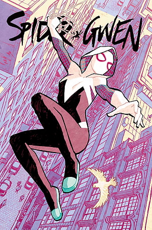 Spider-Gwen swinging through a stylized cityscape in a bold comic book illustration HD phone wallpaper