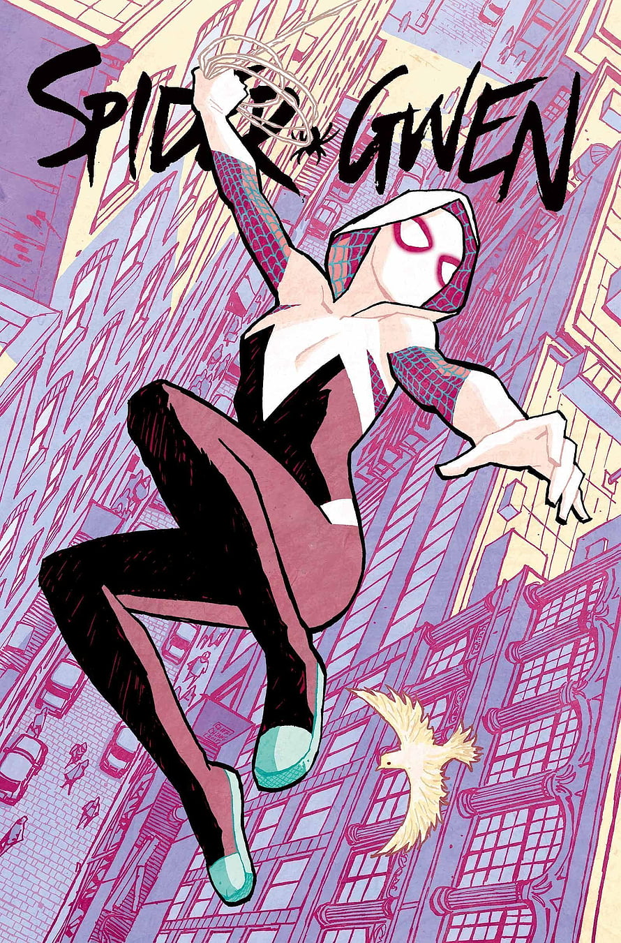Spider-Gwen swinging through a stylized cityscape in a bold comic book illustration HD phone wallpaper