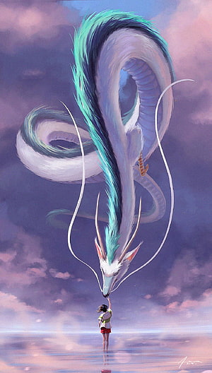 Giant ethereal dragon with teal mane descending to touch a girl's hand in a dreamy purple sky, spirited away aesthetic, #Spirited Away HD phone wallpaper