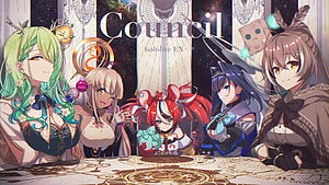 Hololive EN Council Anime Illustration with Five Virtual YouTubers at a Mystical Table HD wallpaper