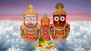 Traditional Jagannath Balabhadra and Subhadra Deities with Offerings in Clouds HD wallpaper