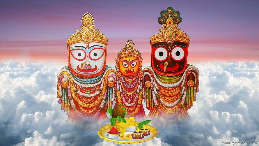Traditional Jagannath Balabhadra and Subhadra Deities with Offerings in Clouds HD wallpaper