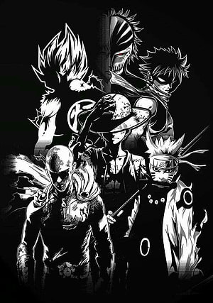 Black and White Anime Characters Group Illustration HD phone wallpaper