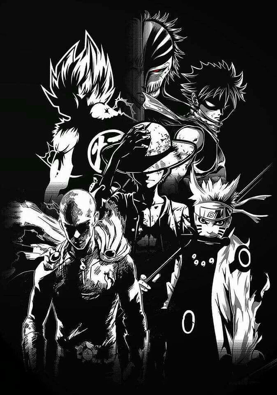 Black and White Anime Characters Group Illustration HD phone wallpaper