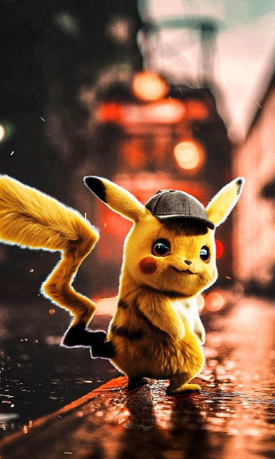 Detective Pikachu in a Rainy Urban Street Scene with Warm Bokeh Lighting HD phone wallpaper