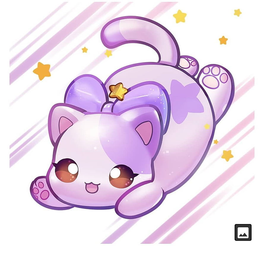 Cute Purple Kawaii Cat Plushie with Bow and Stars Digital Illustration HD wallpaper