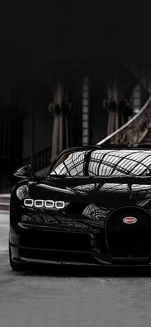Black Bugatti Chiron Front View With Distinctive Four-Headlight Design HD phone wallpaper